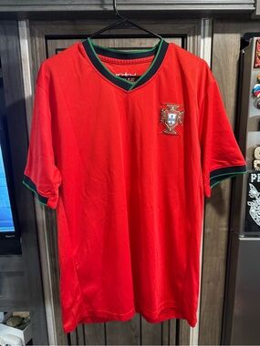 Men's Red Portugal Football Jersey with Green Trim
